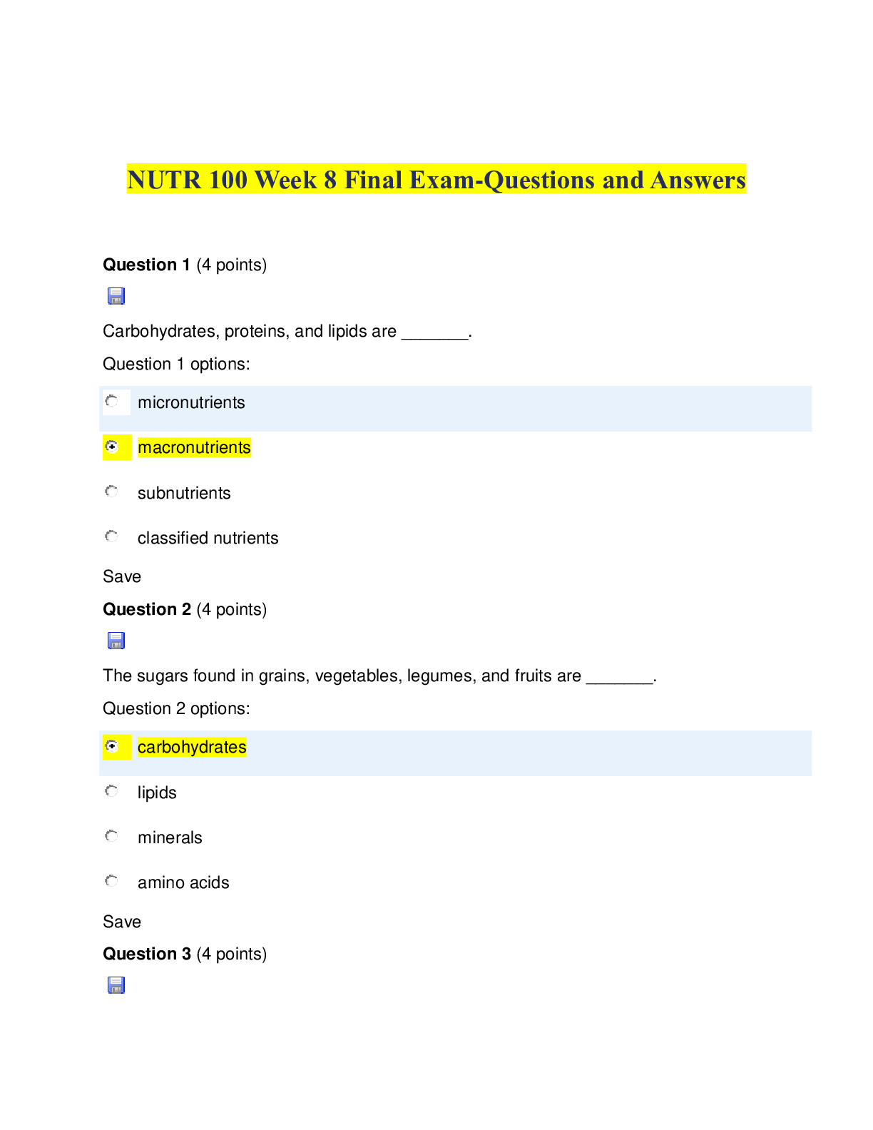 Preview of NUTR 100 Week 8 Final Exam-Questions and Answers (Latest 2020)